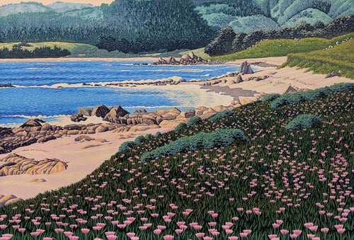 Carmel Meadows Beach - Reduction Woodcut Print on Paper by Gordon Mortensen