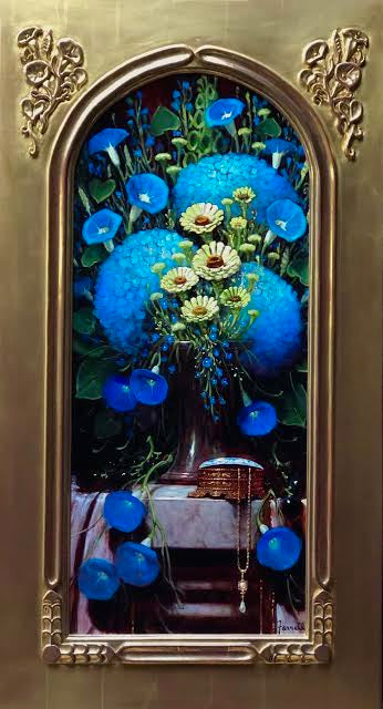 Blue Hydrangeas with Morning Glory on arched panel by Sean Farrell