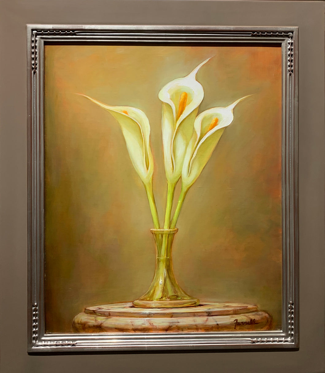 White Calla Lilies on Marble Oil  on Canvas by Sean Farrell