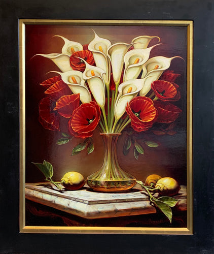 Calla Lillies & Red Poppies on Marble by Sean Farrell