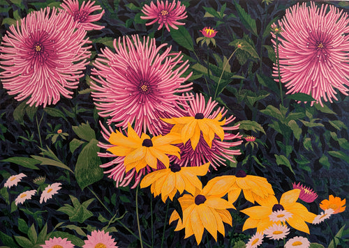 Dahlias - Woodblock Reduction Fine Art by Gordon Mortensen