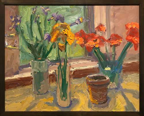 Flowers by the window by David Kasman Sculptural oil painting on canvas