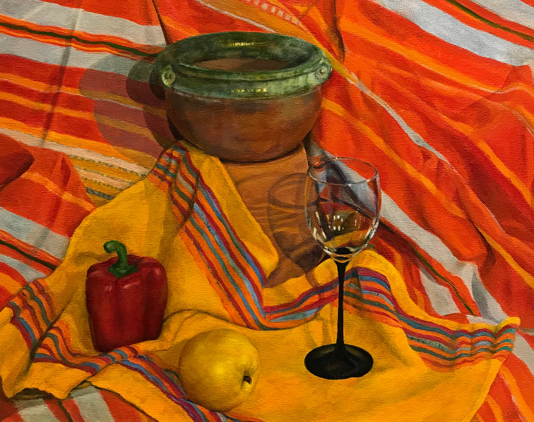 Mexican pot on striped cloth by Susan Bailey