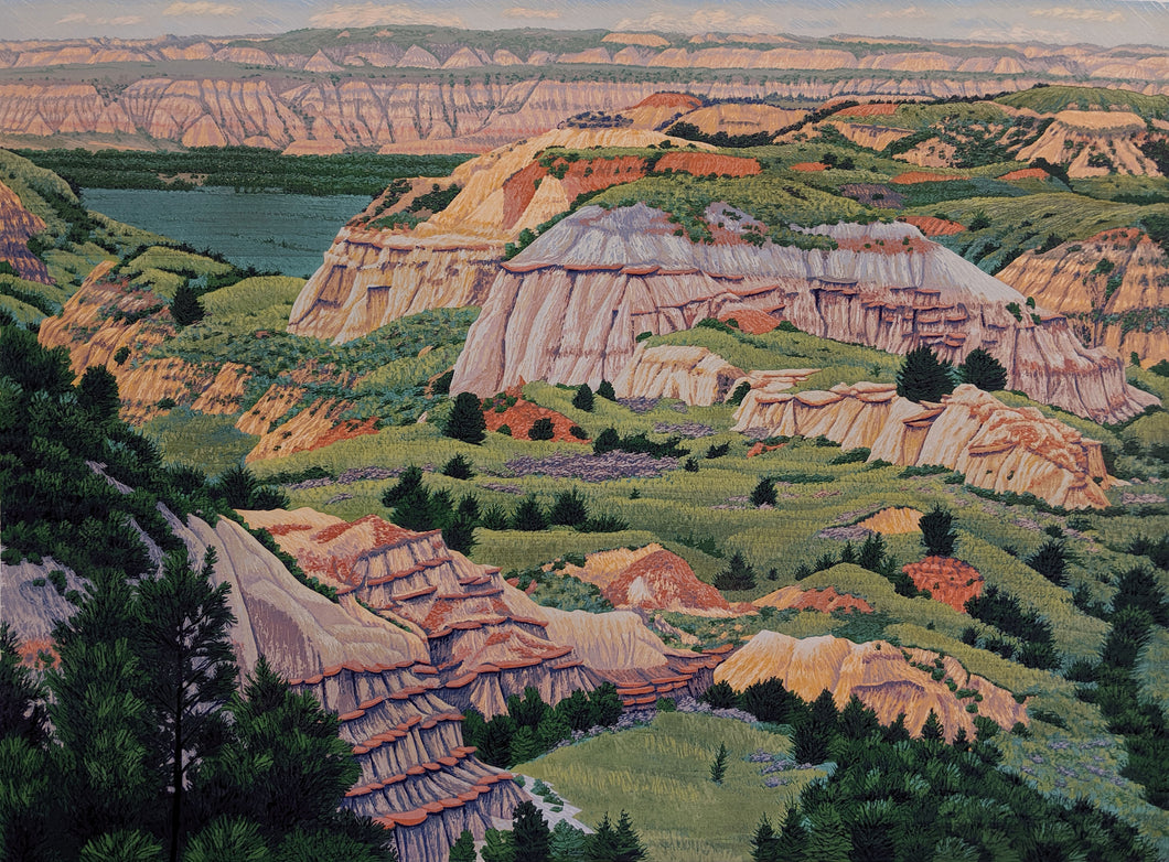 Little Missouri River Valley - Woodcut on Paper by Gordon Mortensen