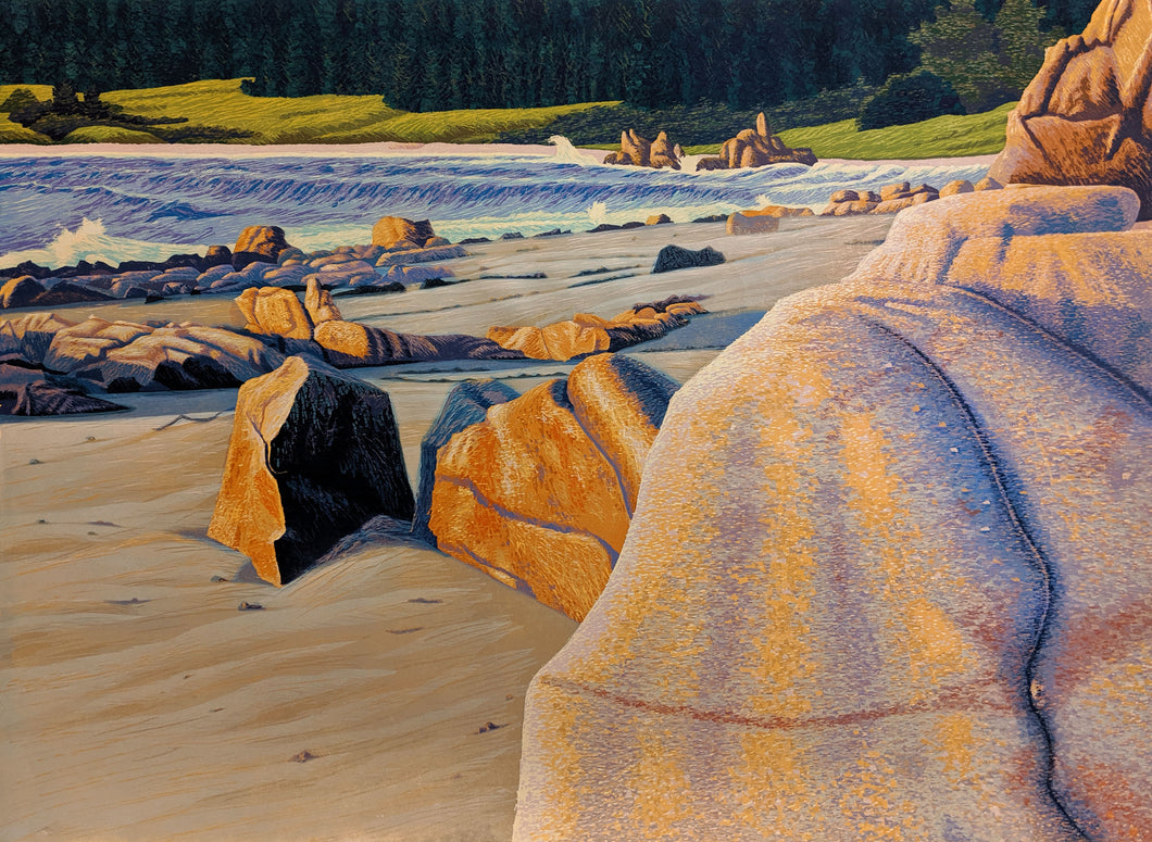 Rocks, Sand and Sea - Reduction Woodcut Print by Gordon Mortensen